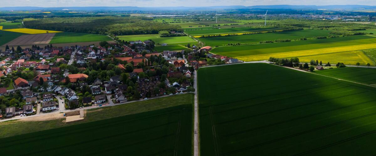 Arial view on Wülferode, Region Hannover, Germany in spring season.