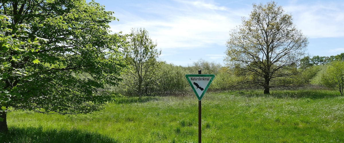 A sign with a bird symbol in a grassy field with trees.