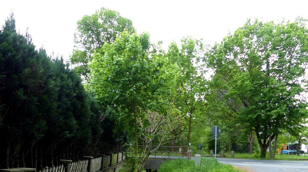 Überquerung der Kehrbeeke durch landstraße und Bahnlinie an der Straßenmündung Bussardweg, Blickrichtung Südwesten.