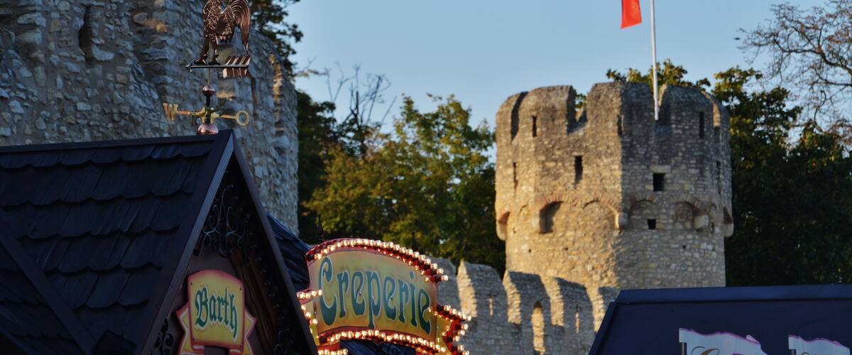 A castle with a flag, a creperie sign, and a rooster statue.