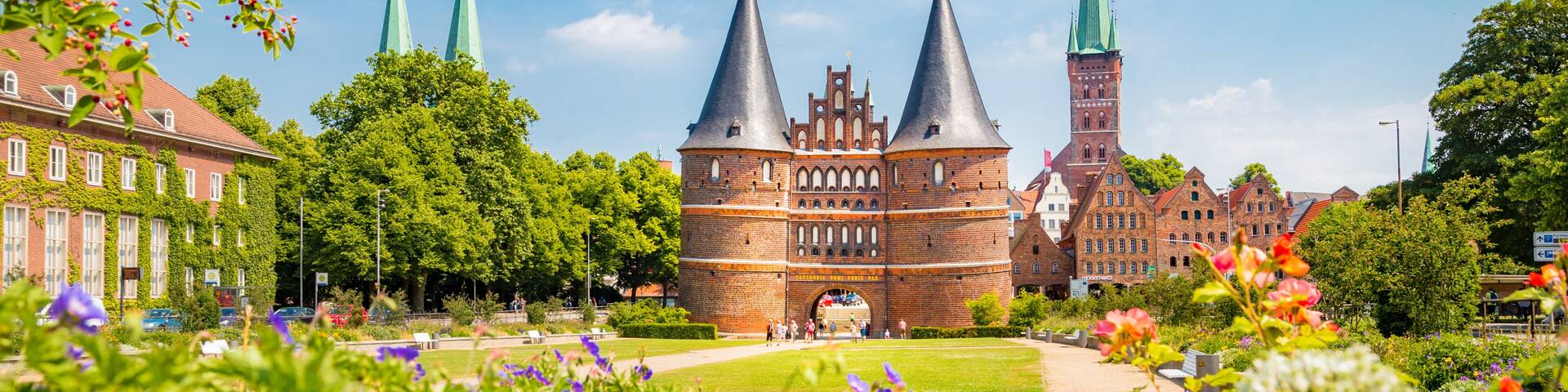 Historic town of Lübeck with famous Holstentor gate in summer, Schleswig-Holstein, northern Germany