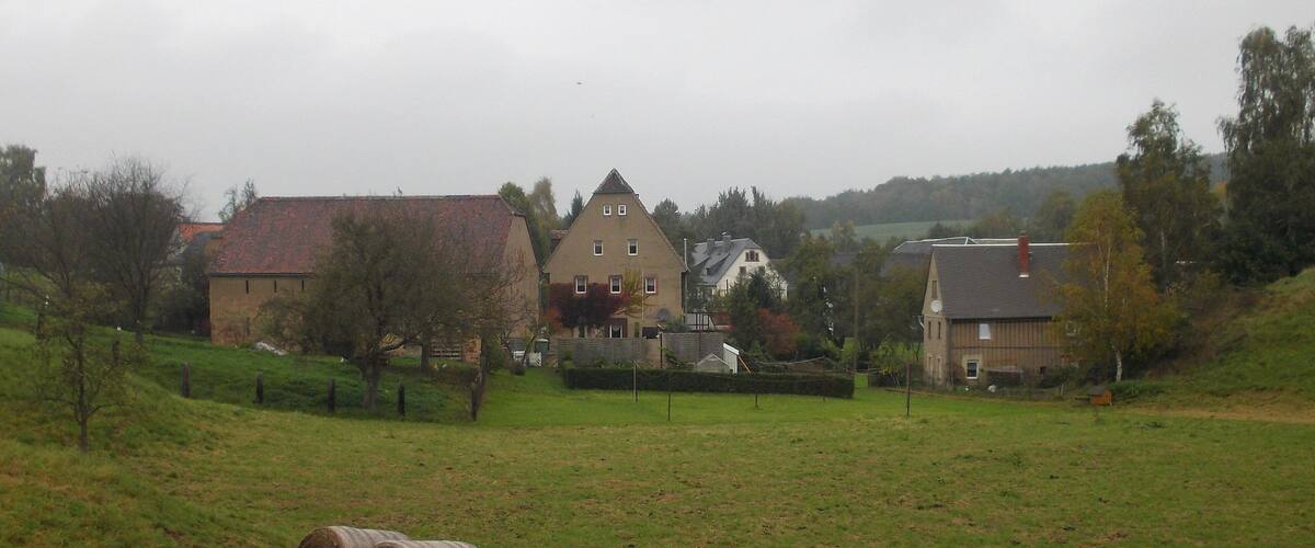 Hay bales in a field with houses in the background.