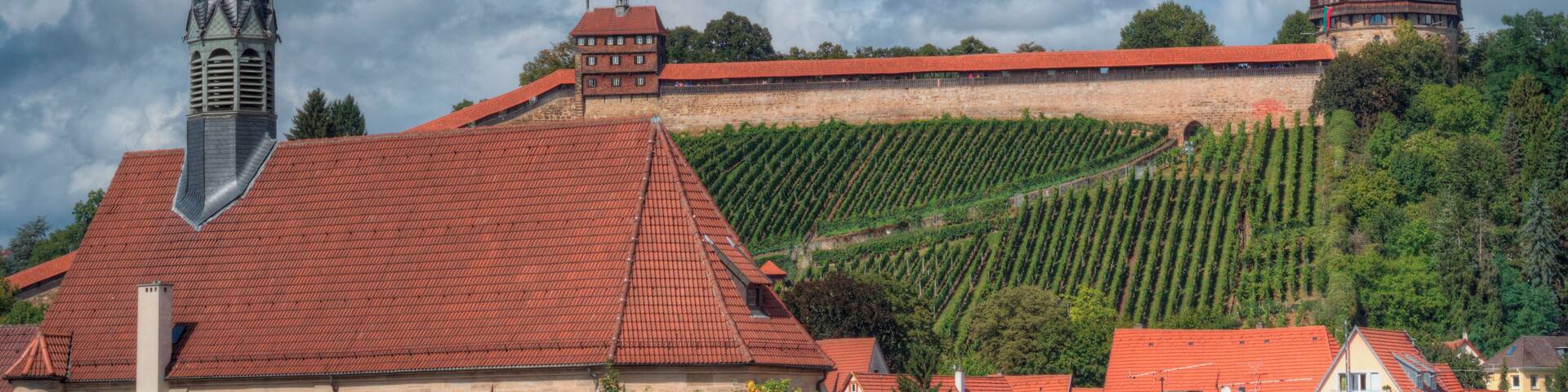 Blick von dem Wolfstorturm ĂŒber die Franziskanerkirche zur Burg