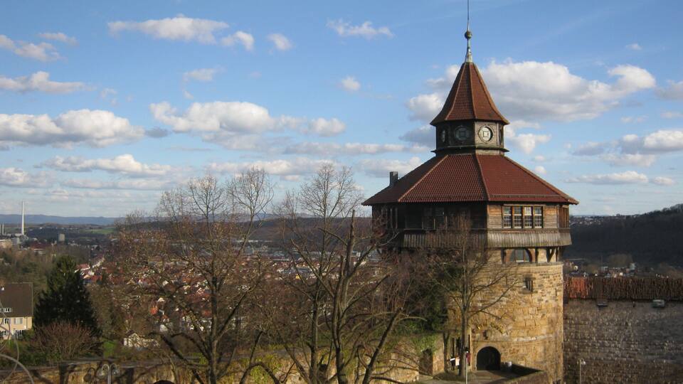 A historic tower with a clock, surrounded by trees and a stone wall.