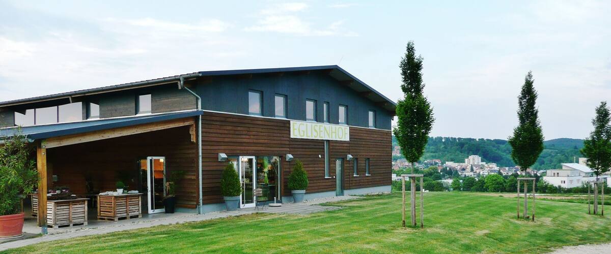 A building with a sign reading "EGELISENHOF" in a grassy area with trees and a distant view of a town.