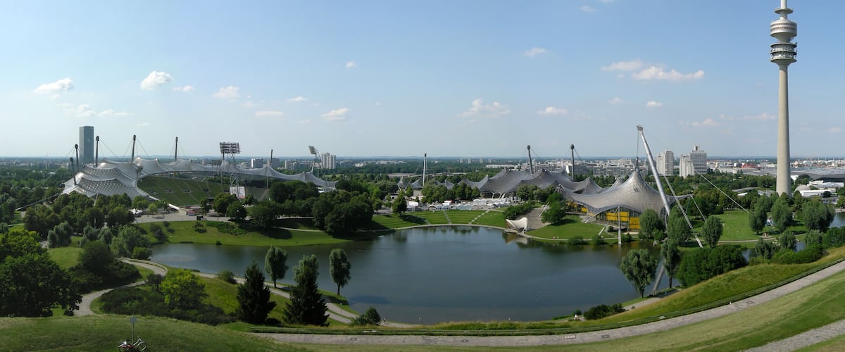 view from Olympic Hill of Olympic Park in Munich; from left to right: Olympic Stadium, Olympic Hall, Olympic Swim Hall and Olympic Tower (291 m)