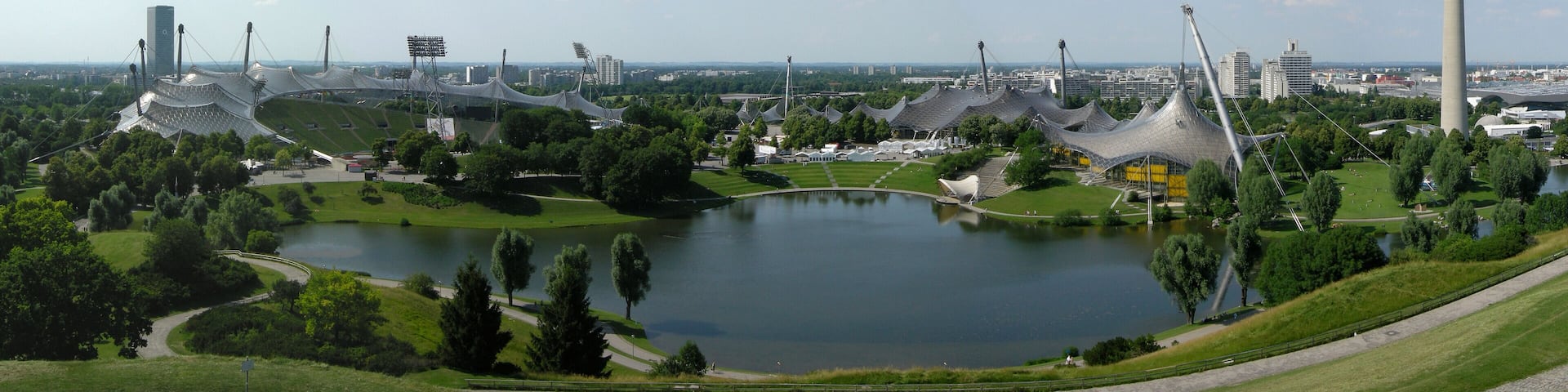 view from Olympic Hill of Olympic Park in Munich; from left to right: Olympic Stadium, Olympic Hall, Olympic Swim Hall and Olympic Tower (291 m)