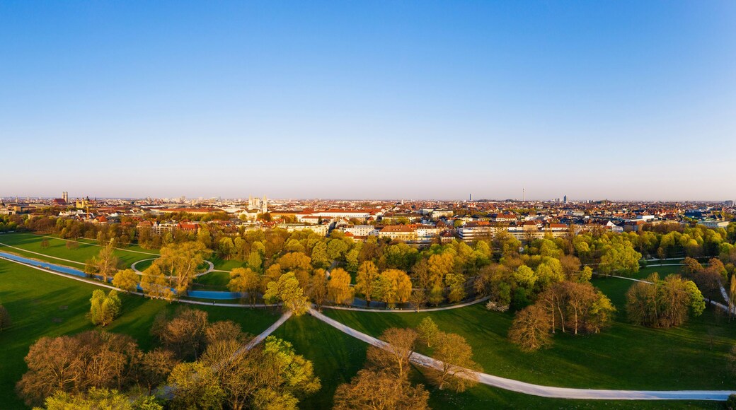 Germany, Bavaria, Munich, Aerial panorama of English Garden in spring