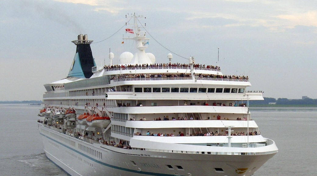 The cruise ship Artania is leaving the Columbus Cruise Center in Bremerhaven, Germany