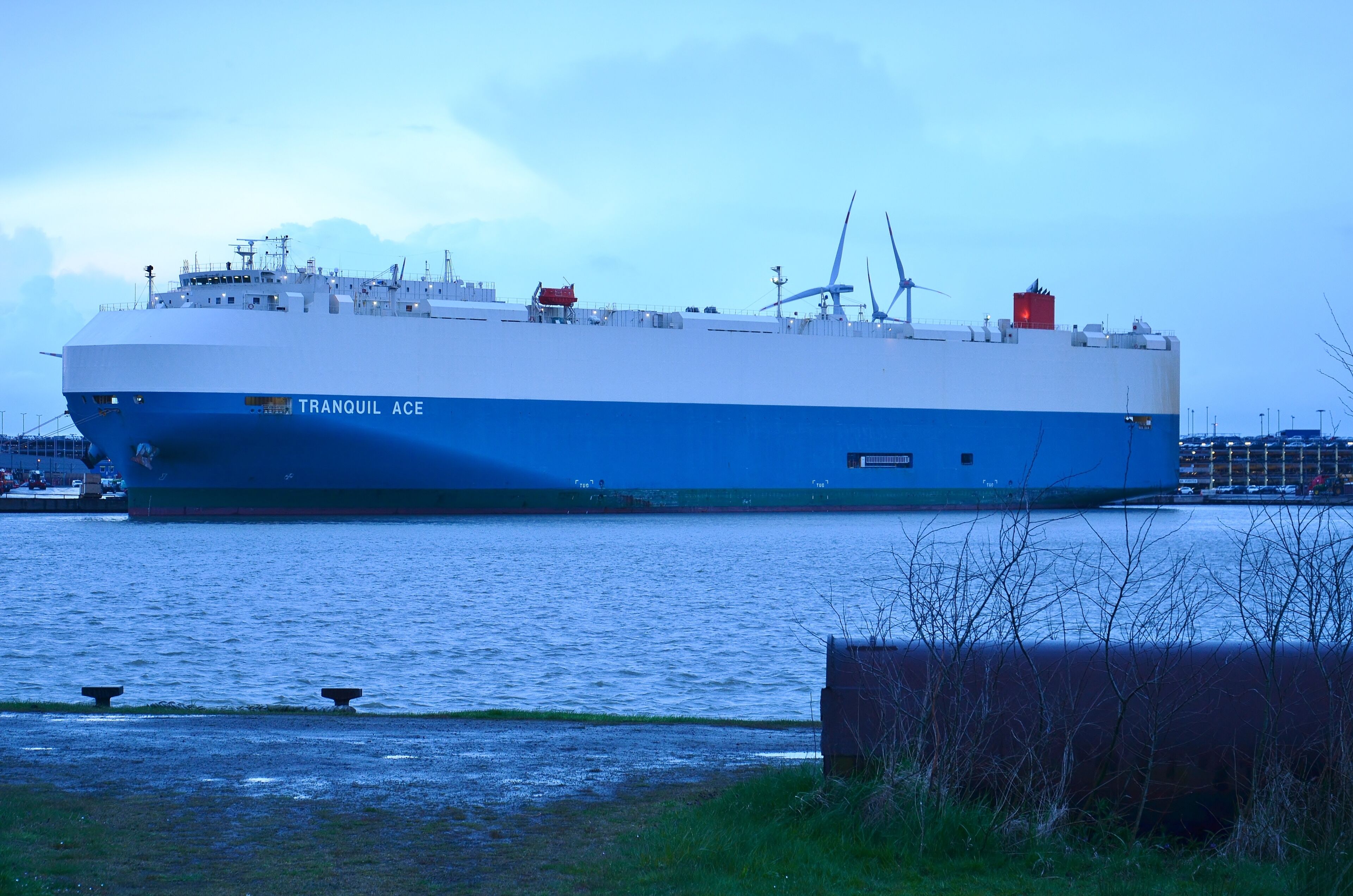 Car carrier Tranquil Ace at Bremerhaven, Germany, prior to commencing load voyage service 0049A from Europe to China via the Panama Canal - next stop: Emden, Germany; ultimate destination: Xinsha, China.