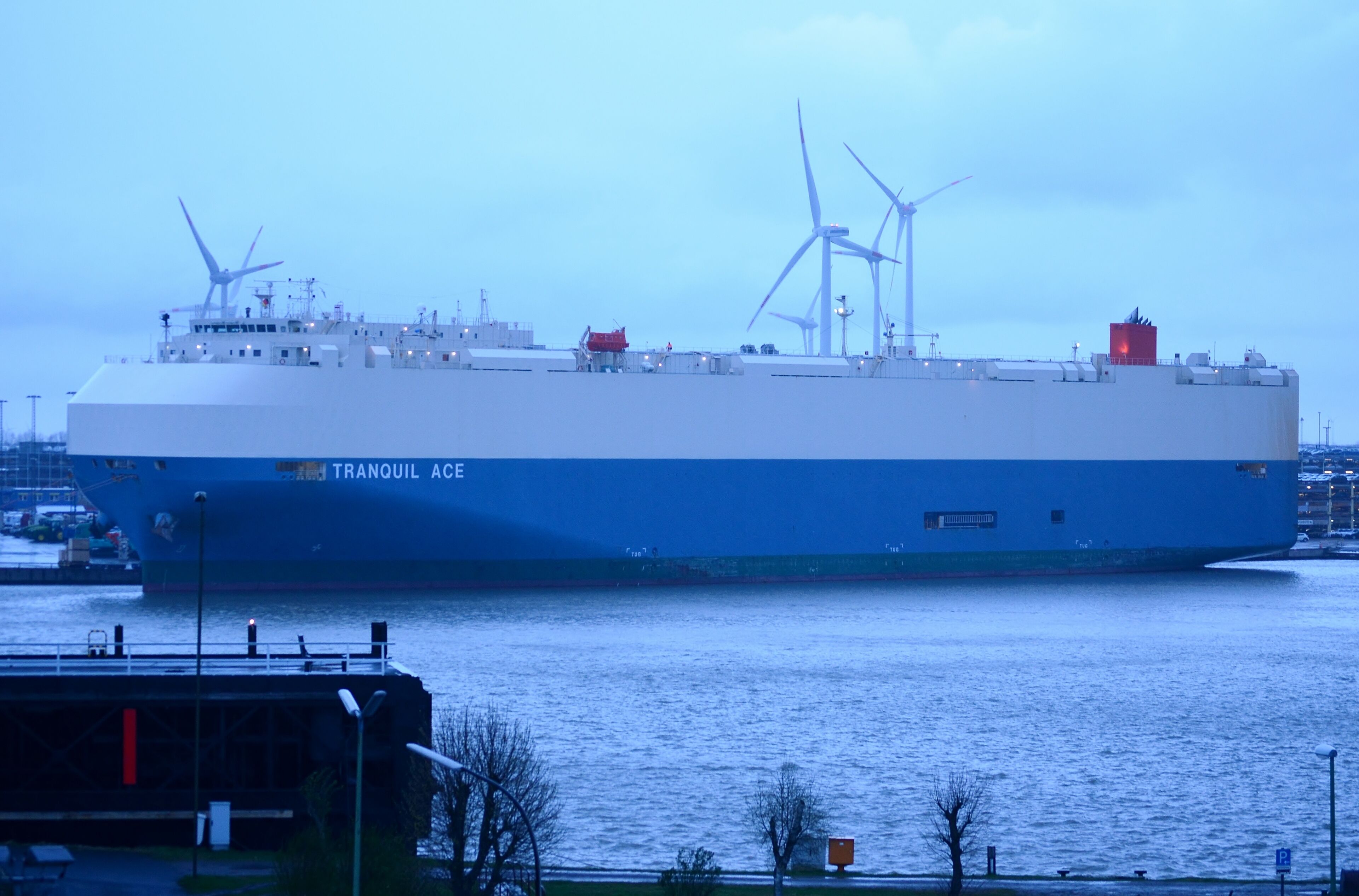 Car carrier Tranquil Ace at Bremerhaven, Germany, prior to commencing load voyage service 0049A from Europe to China via the Panama Canal - next stop: Emden, Germany; ultimate destination: Xinsha, China.