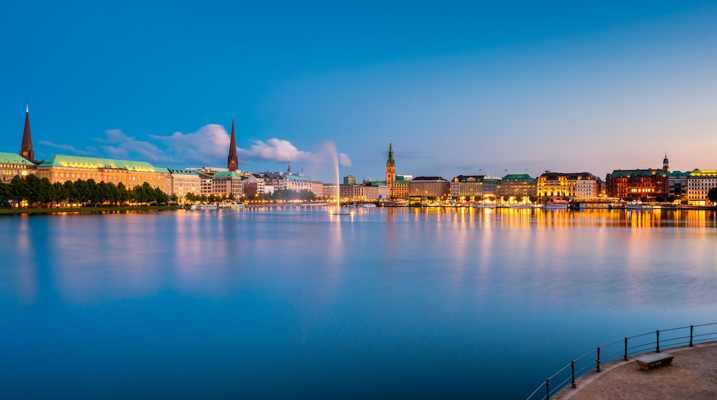 Panoramic view on Hamburg Germany Skyline at dusk