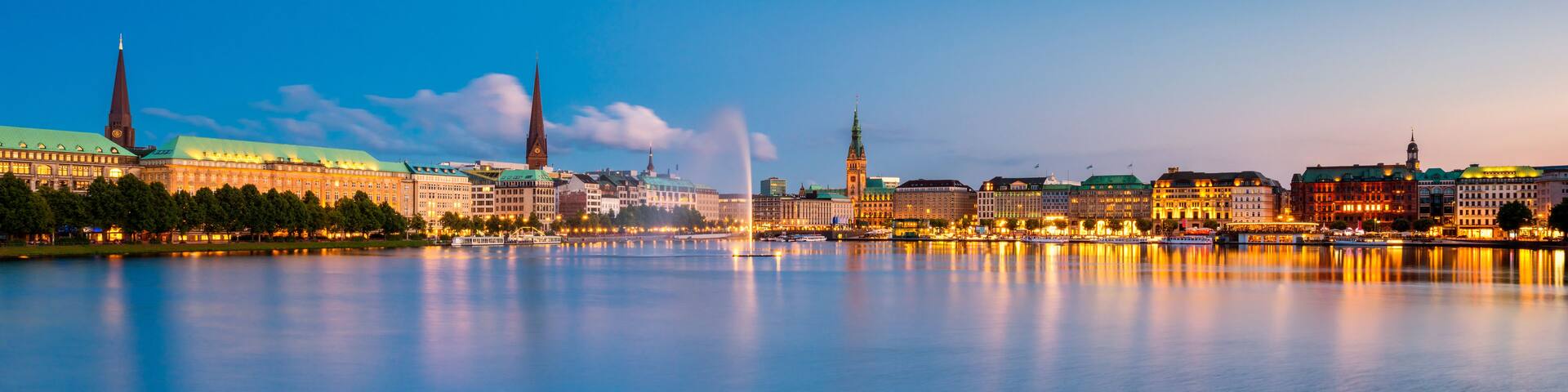 Panoramic view on Hamburg Germany Skyline at dusk