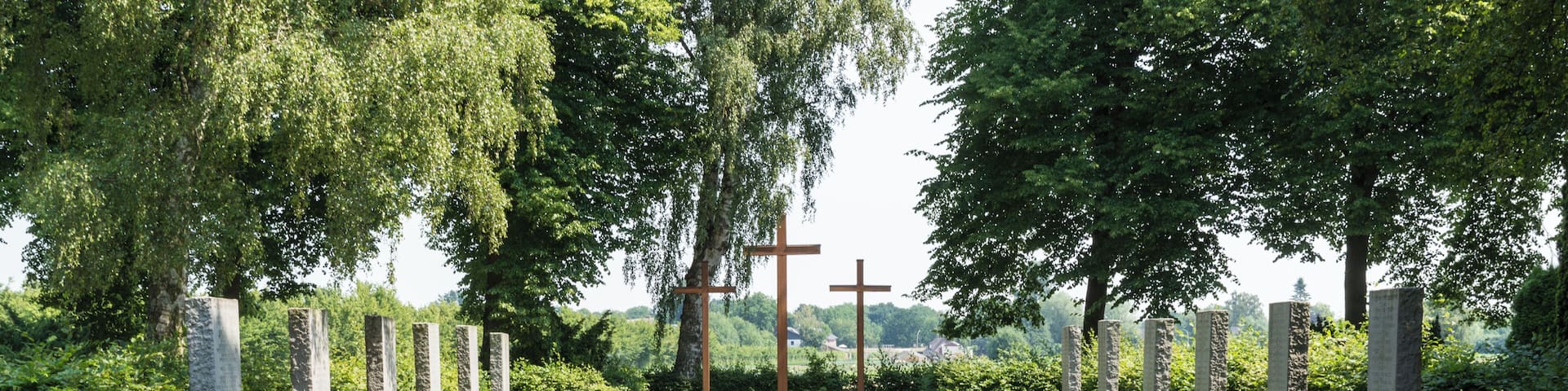 A cemetery with rows of headstones and crosses, surrounded by trees.