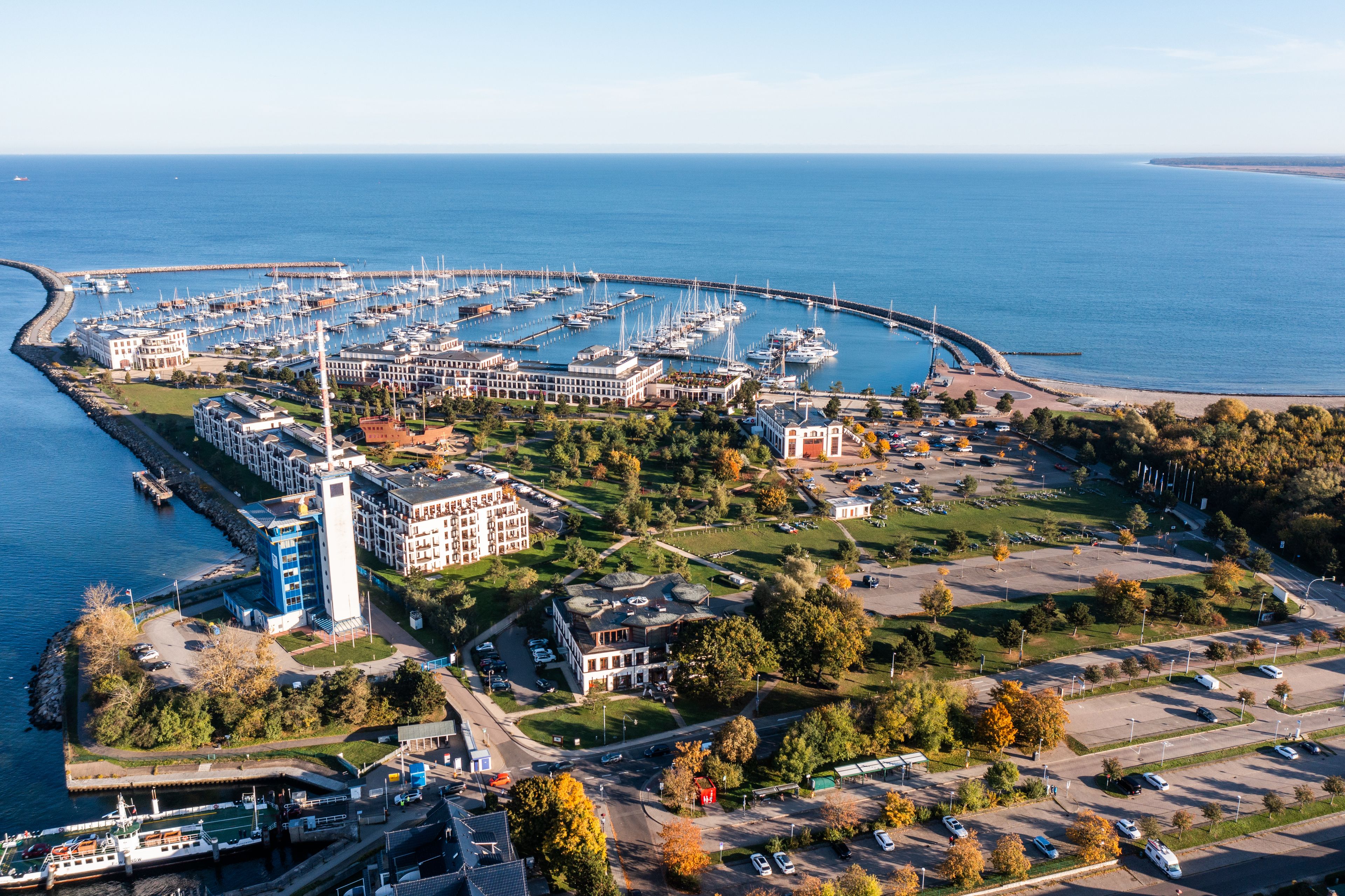 Hohe Duene, Rostock, November 2022, aerial view of Hohe Duene luxury resort with yacht club and the surrounding area