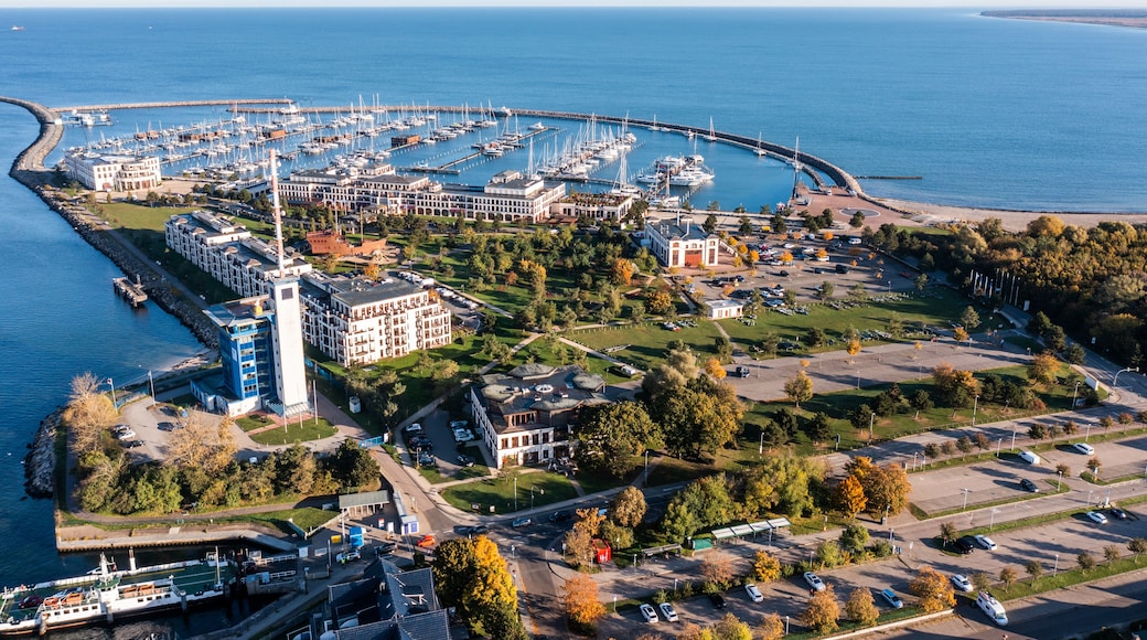 Hohe Duene, Rostock, November 2022, aerial view of Hohe Duene luxury resort with yacht club and the surrounding area