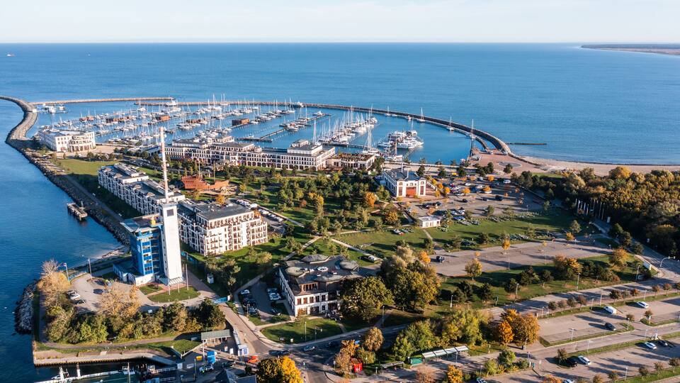 Hohe Duene, Rostock, November 2022, aerial view of Hohe Duene luxury resort with yacht club and the surrounding area