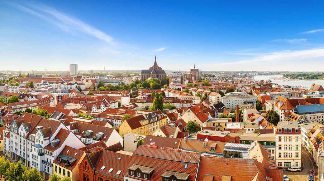 A panoramic view of a city with a river, historic buildings, and a prominent church.