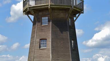 A wooden tower with a thatched roof and a balcony.