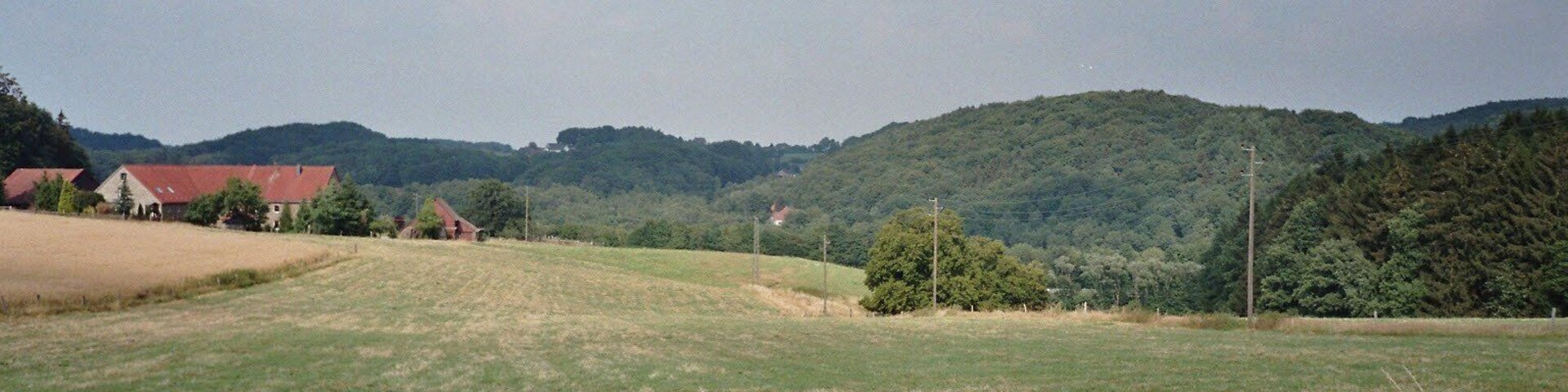 Landschaft im Bereich des Hammertals in Niedersprockhövel, Deutschland; Blick von der Hiddinghauser Straße (Hausnr. 16) am Nordhang des Sirrenbergs zum Hof Niedergethe (links); im Geländeeinschnitt hinter der Hof und vor den Waldhängen im Hintergrund (links Semberg/Stoltenberg in Witten-Durchholz, rechts Schultenbusch in Sprockhövel-Hiddinghausen) verlaufen die A43 und der Pleßbach (das eigentliche Hammertal; dort befindet sich auch rechts etwas außerhalb des Bildes das ehem. Hammerwerk Ibachsmühle). Der abgebildete Bereich gehört weitgehend zum Landschaftsschutzgebiet „Stüter/Sprockhövel/Hiddinghausen“; ein Teil der Wälder im Hintergrund liegt im Landschaftsschutzgebiet „Kämpen/Durchholz“.