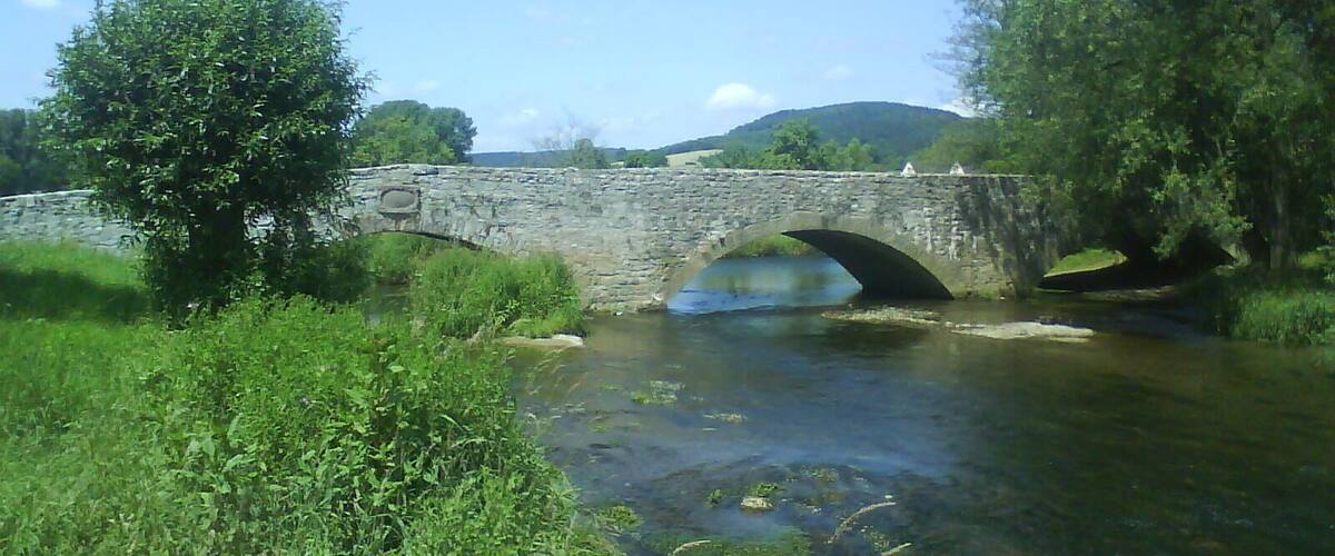 A stone bridge over a river with greenery on both sides.