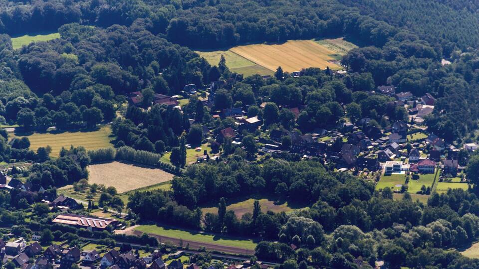 An aerial view of a rural village with houses, fields, and dense forests.