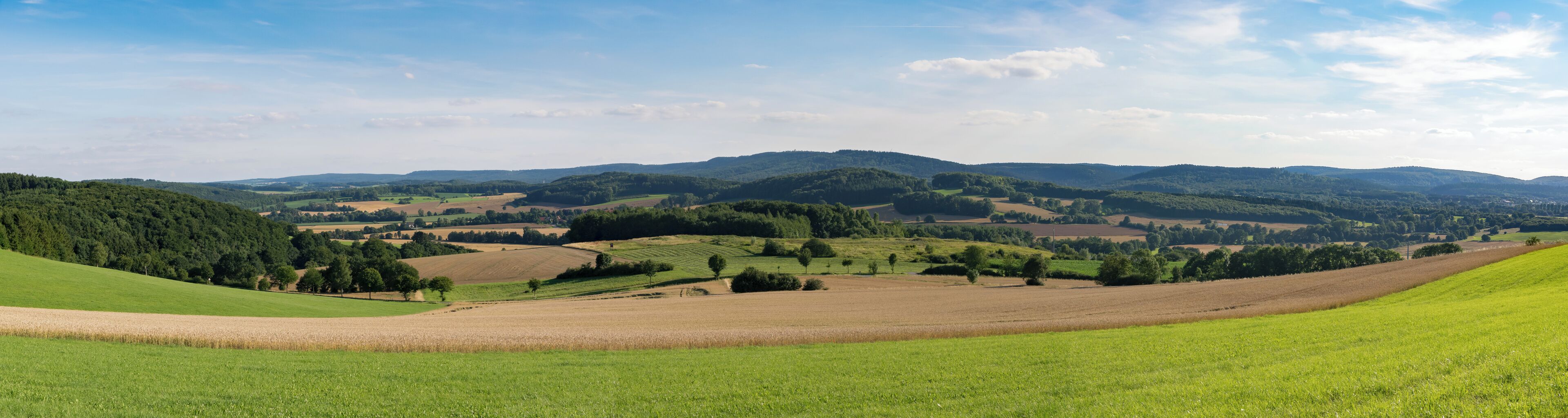 Rolling hills, fields, and distant mountains under a clear sky.