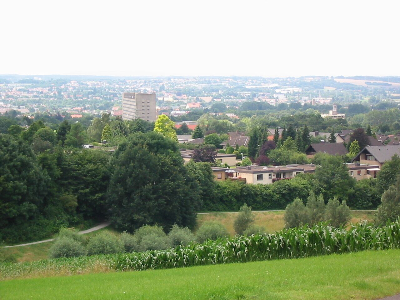 A rural landscape with a mix of residential buildings, a prominent tower, and surrounding greenery.