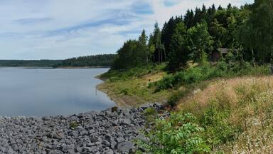 Aabach Lake, North Rhine-Westfalia, Germany, view from South side of the dam - 5 pictures stitched