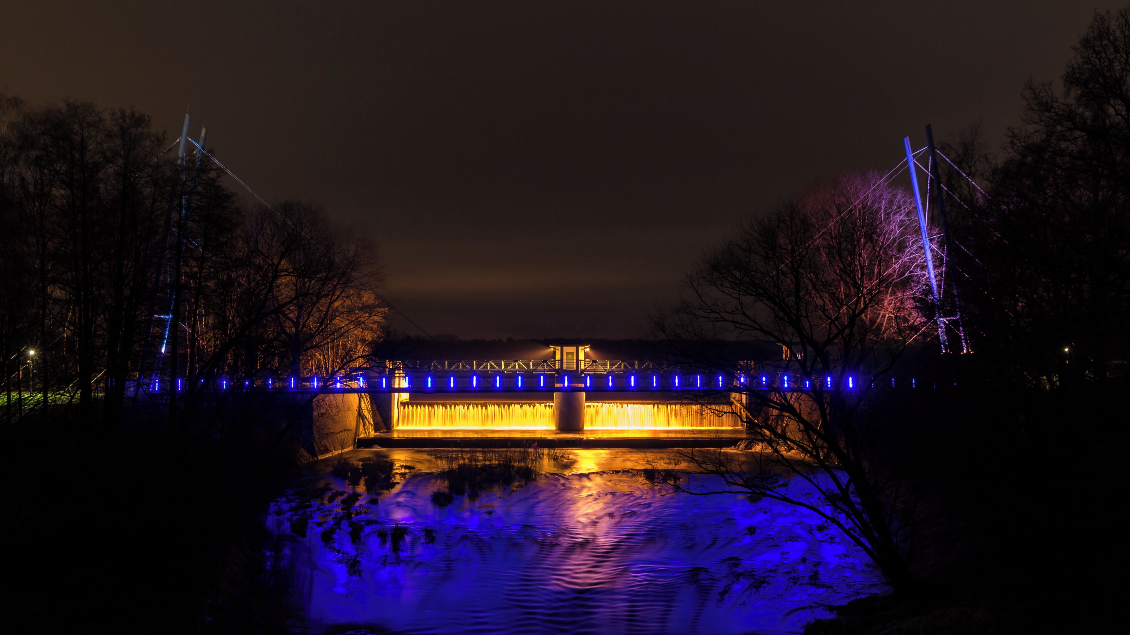 Weir on Halterner Stausee at night, North Rhine-Westphalia, Germany