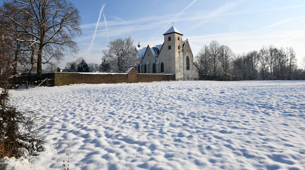 Un campo cubierto de nieve con una iglesia y árboles desprovistos de hojas.