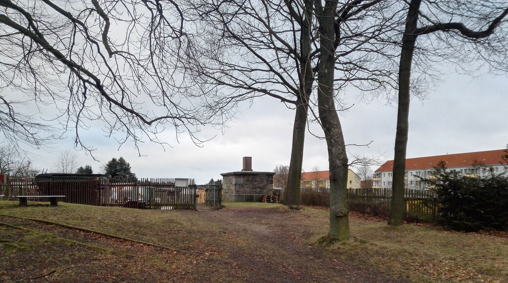 Baudenkmal Triangulationspunkt 1. Ordnung der Königlich-Sächsischen Triangulation, 464 Meter über Normalnull, errichtet 1863, Forstweg; Freiberg/Sachsen