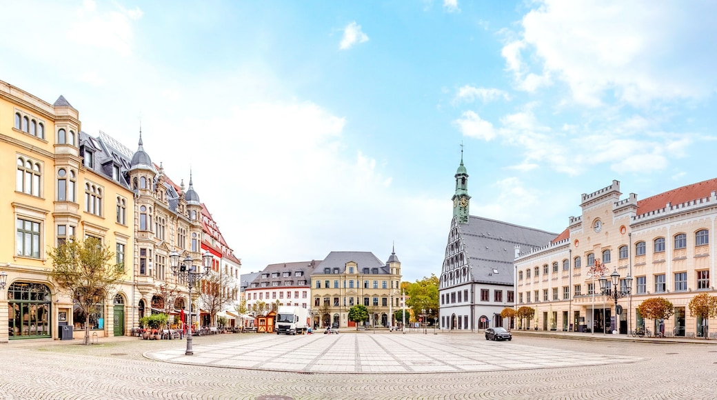 A cobblestone square with historic European architecture, including ornate facades and a prominent church tower.