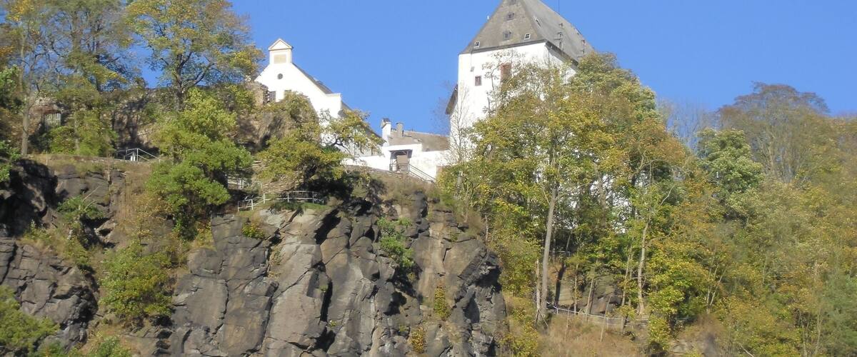 A castle on a rocky hill with trees.