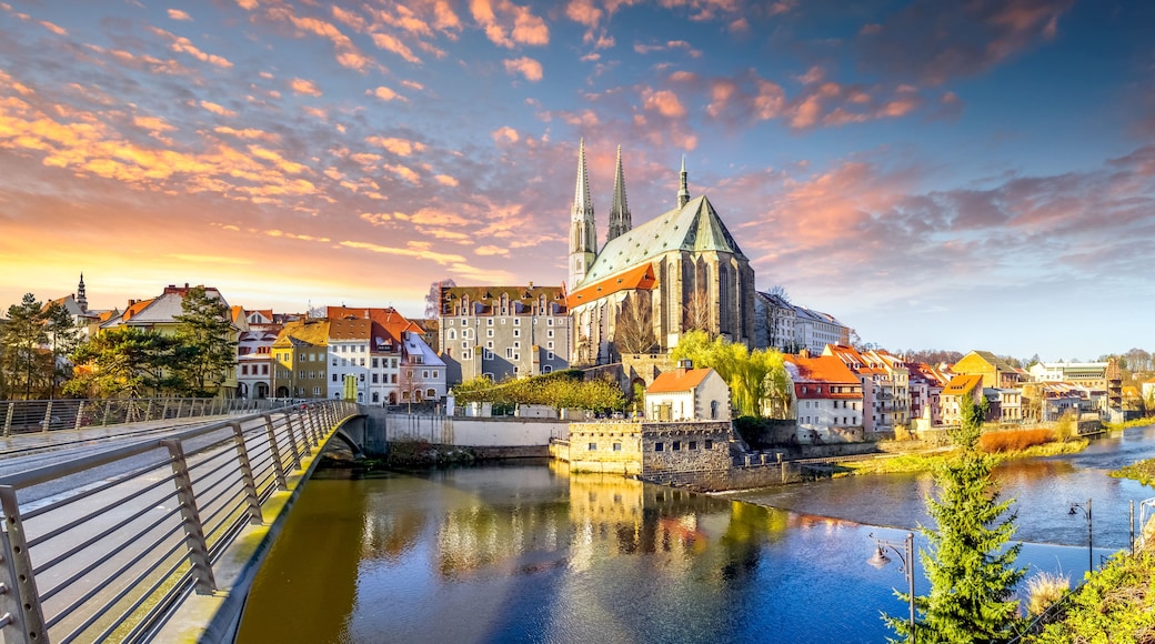 A river with a bridge, a historic church with twin spires, and surrounding buildings.