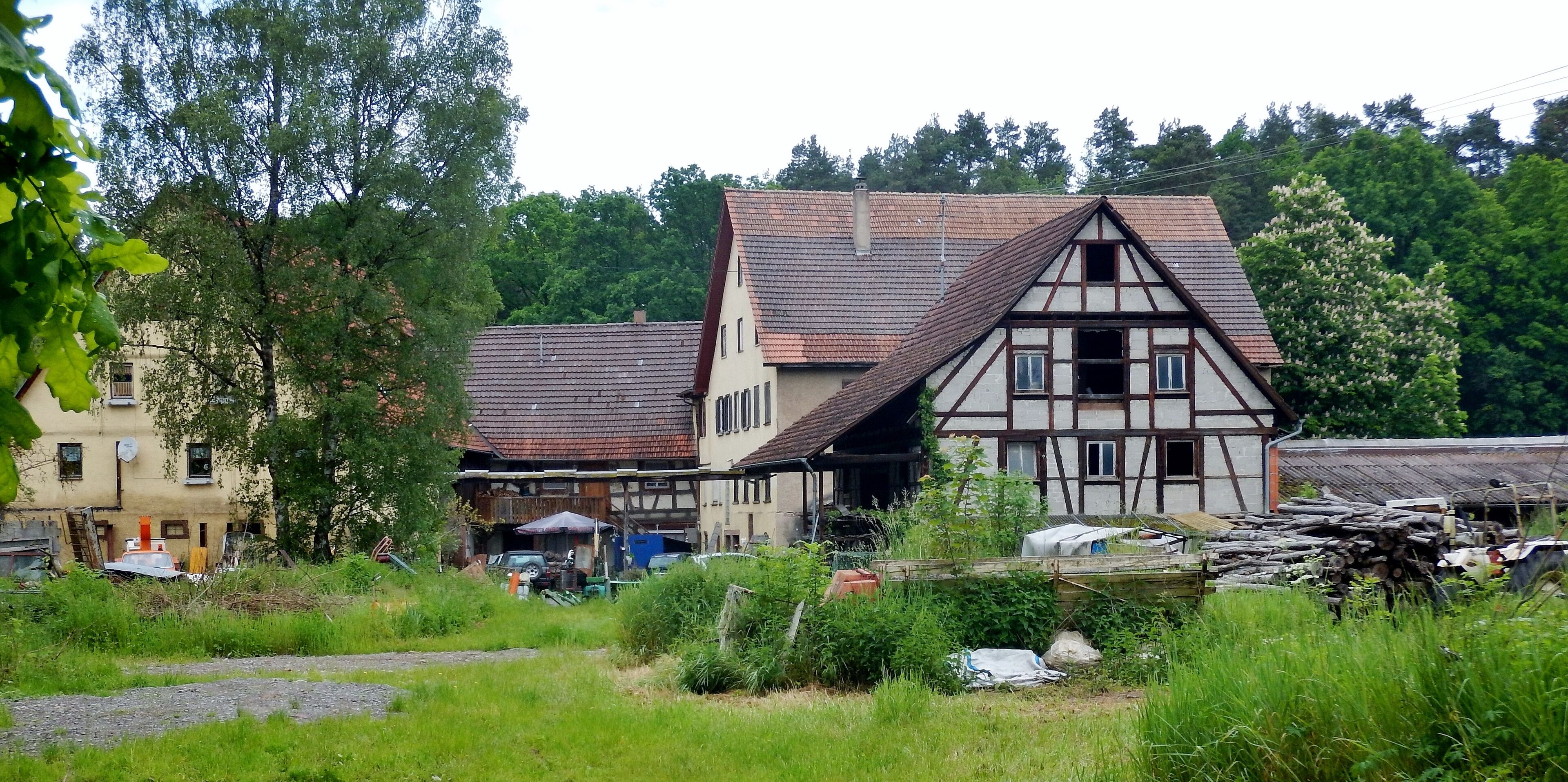 A traditional half-timbered house with a sloped roof, surrounded by lush greenery and a small clearing.