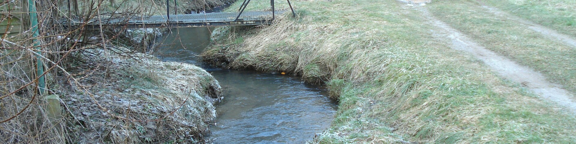 A small stream flowing through a grassy area with a wooden bridge and a dirt path nearby.