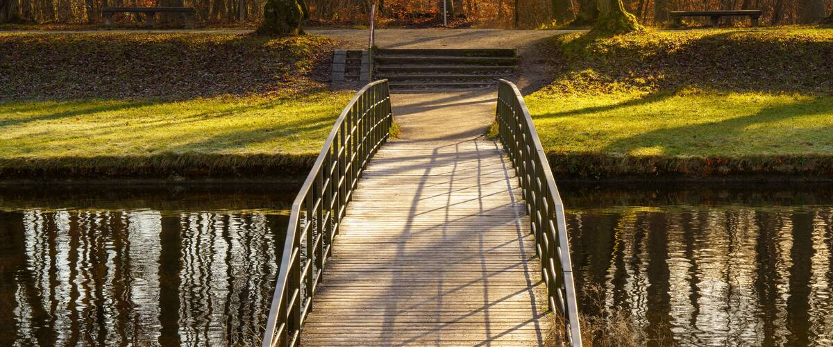 Eine Holzbrücke über einem ruhigen Fluss, umgeben von Bäumen und Gras.