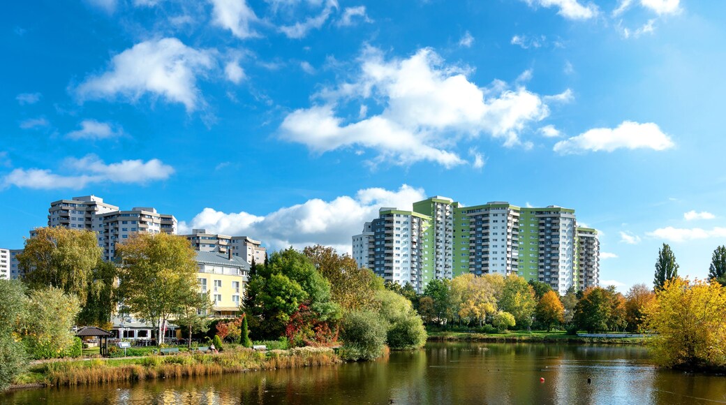 The skyscrapers of the Märkisches Viertel on the Seggeluchbecken in Berlin's Reinickendorf district, Germany