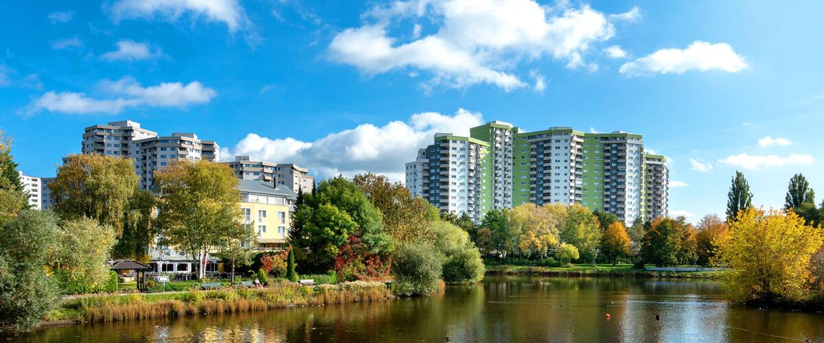 The skyscrapers of the Märkisches Viertel on the Seggeluchbecken in Berlin's Reinickendorf district, Germany