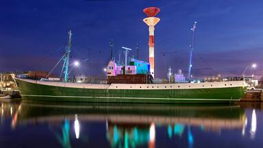A large green ship docked at a harbor with a tall, illuminated tower in the background.