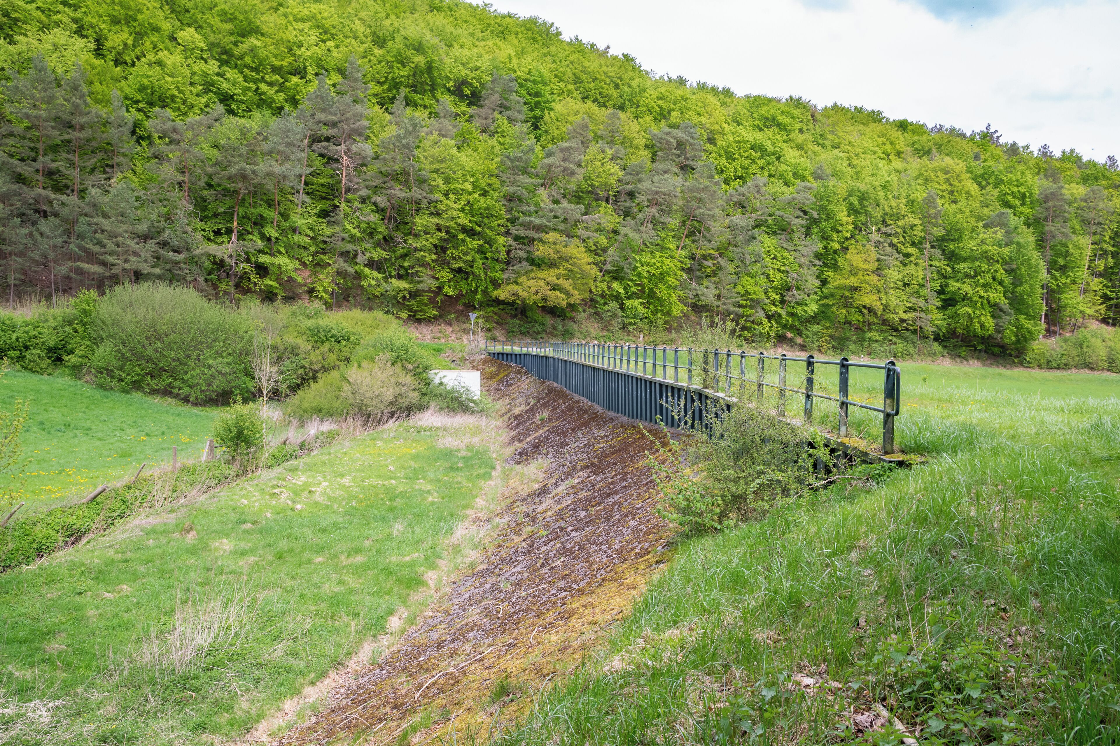 Wasserrückhaltebauwerk am Nordhang des Ibergs, Naturschutzgebiet Iberg bei Welda in Warburg-Welda, Kreis Höxter