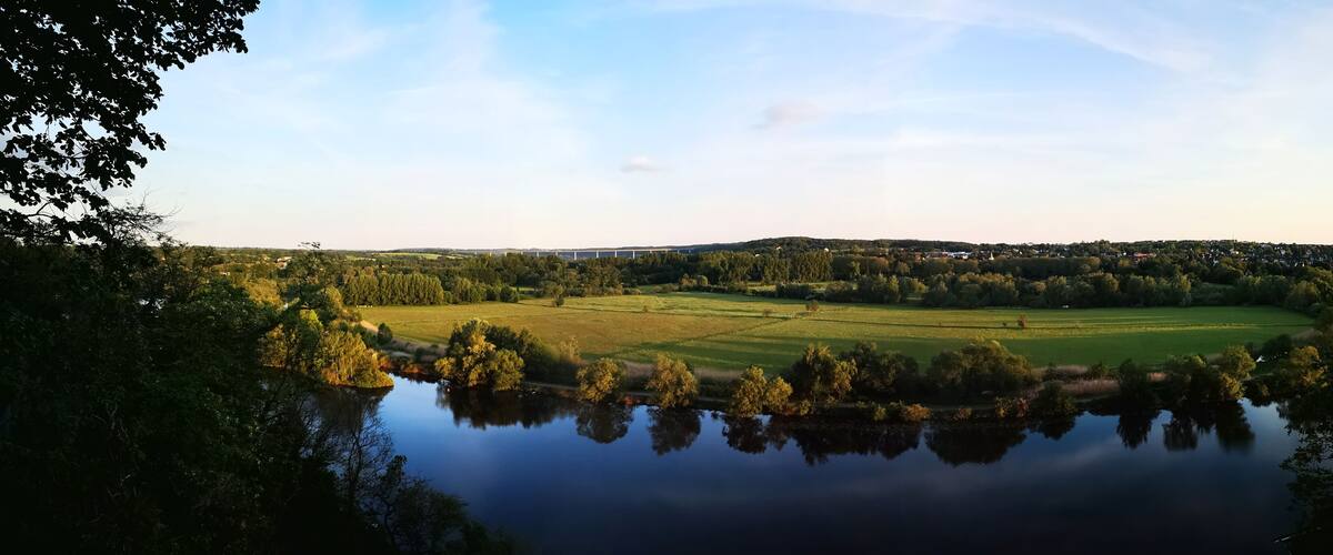 panorama of the valley of the Ruhr in Muelheim in the evening sun