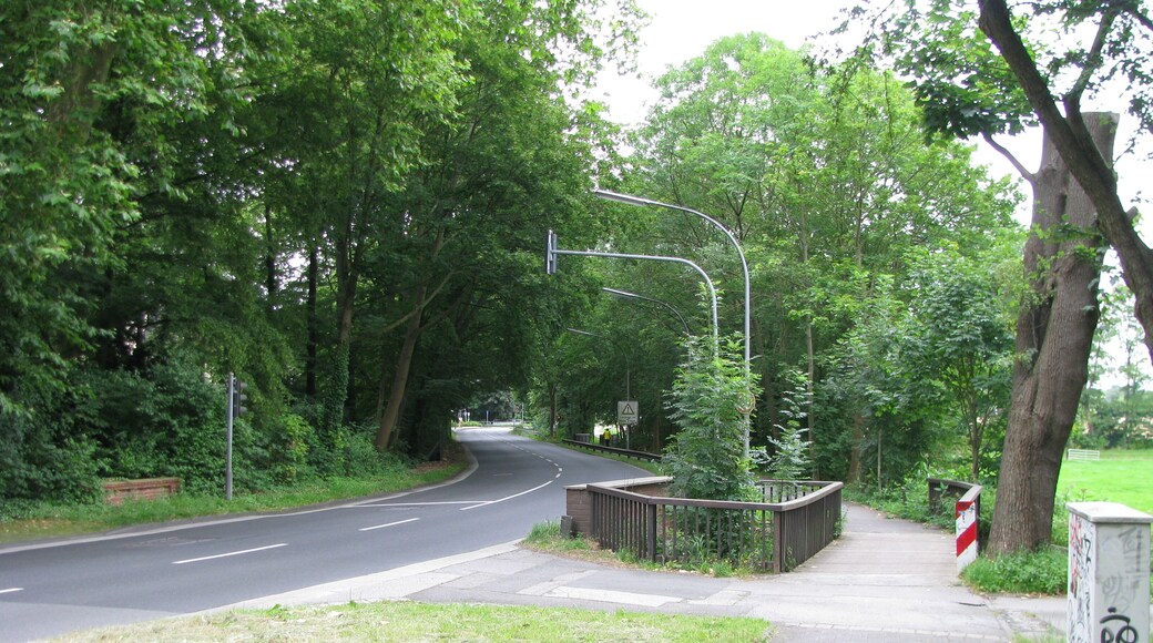 der Buchheimer Ring in Köln-Buchheim, Blick von der Einmündung Schlagbaumsweg in Richtung Norden, die Straßenbrücke und die Fahrradwegbrücke führen über die Strunde, in der Bildmitte ist die Brücke über den Faulbach zu erkennen