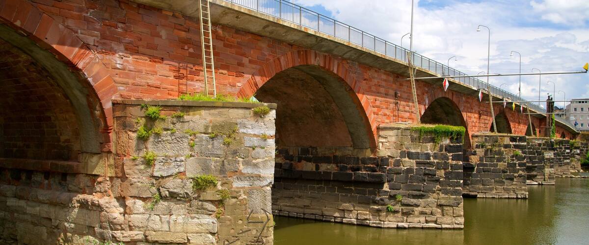 A stone bridge with arches over a river.