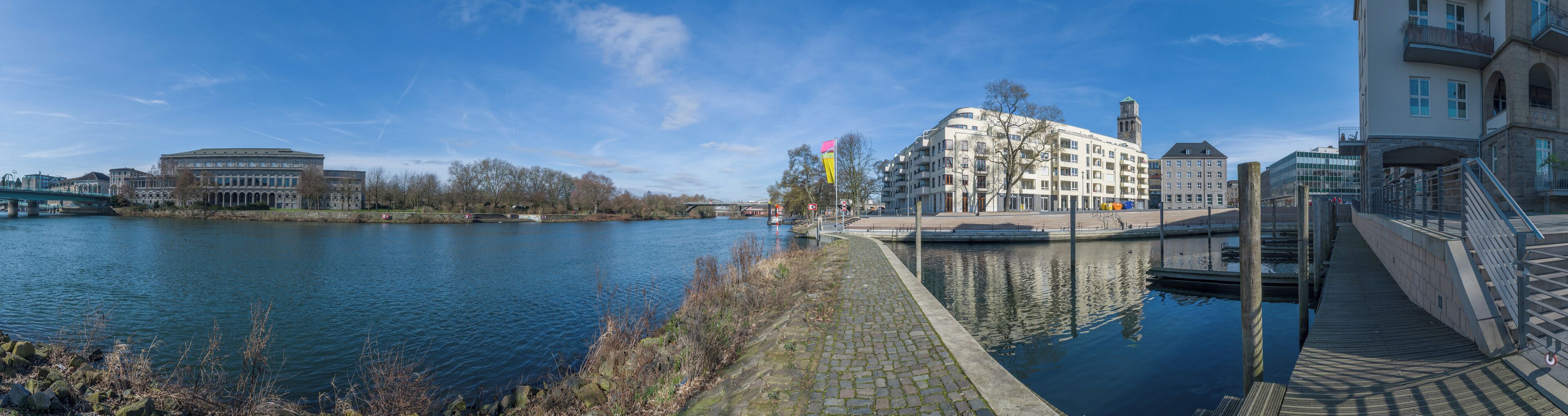 Panoramic view of Ruhrbania (city development project) in Mülheim with bridge Schlossbrücke and Town Event Hall ("Stadthalle") and river Ruhr