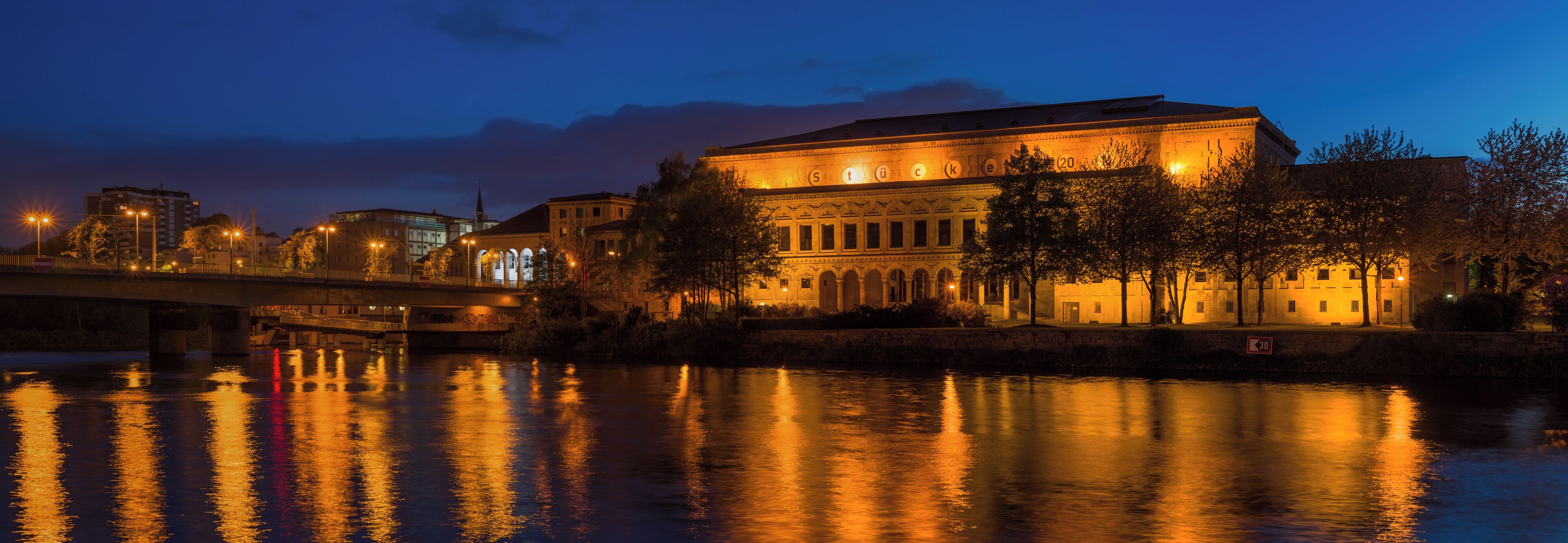 Town Event Hall ("Stadthalle") of Mülheim an der Ruhr at blue hour