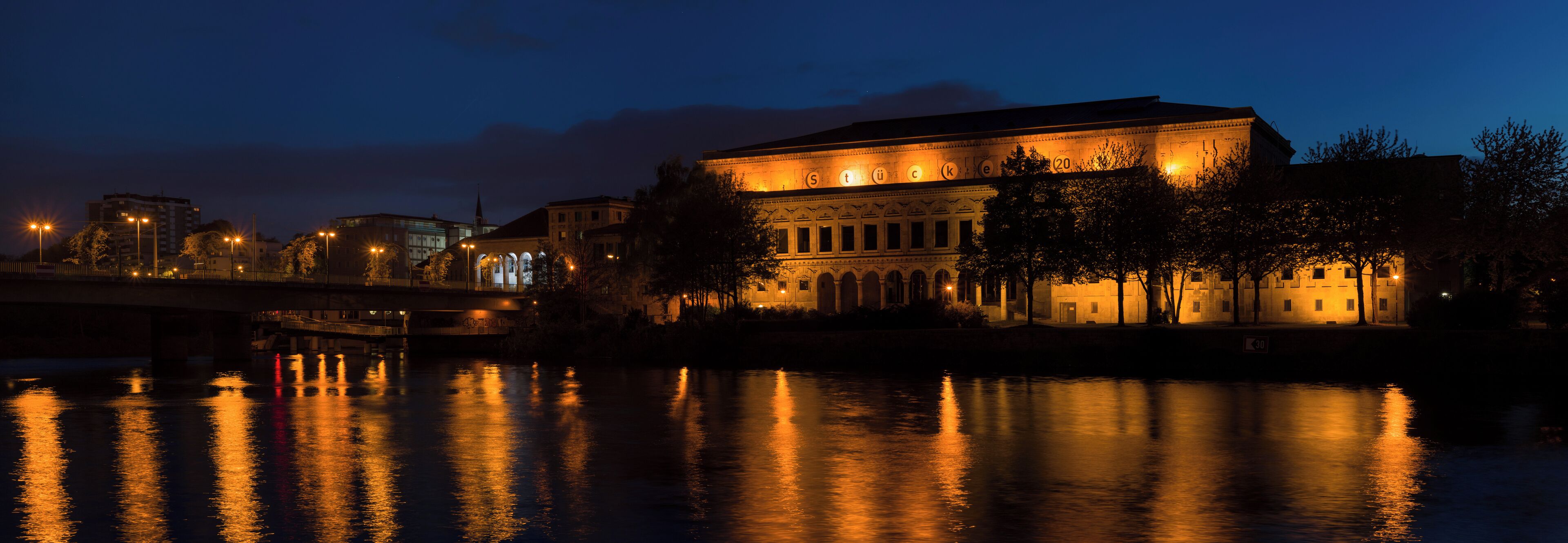 Town Event Hall ("Stadthalle") of Mülheim an der Ruhr at blue hour