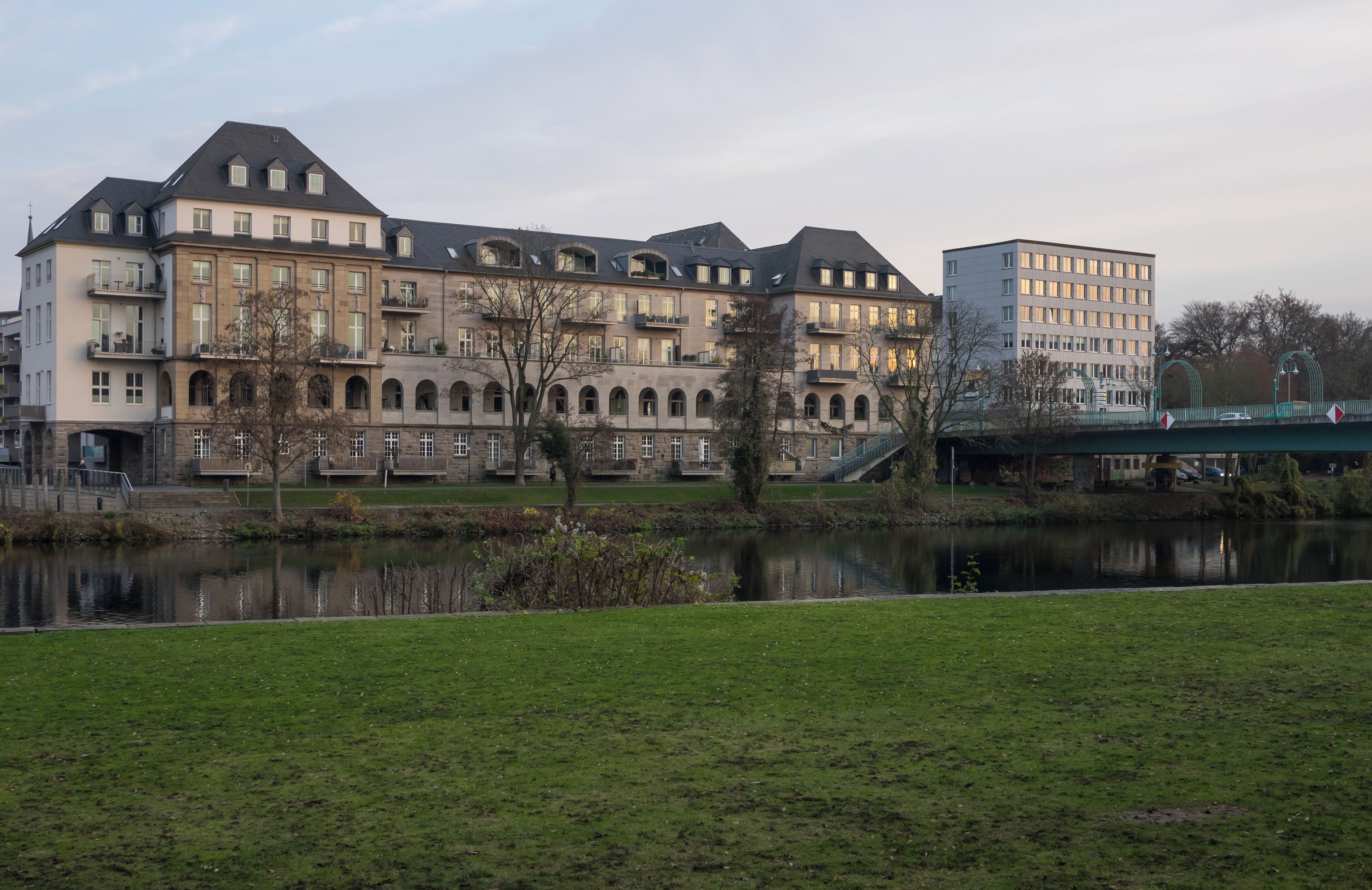 Schlossbrücke ("palace bridge") and former municipal bath building in Mülheim/Ruhr. NRW, Germany