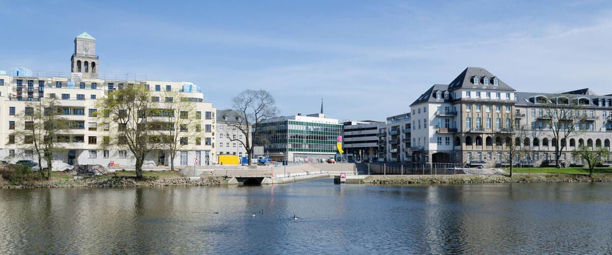 View on the new Ruhr promenade at Mülheim an der Ruhr. The new promenande is a key project of the urban development project "Ruhrbania"